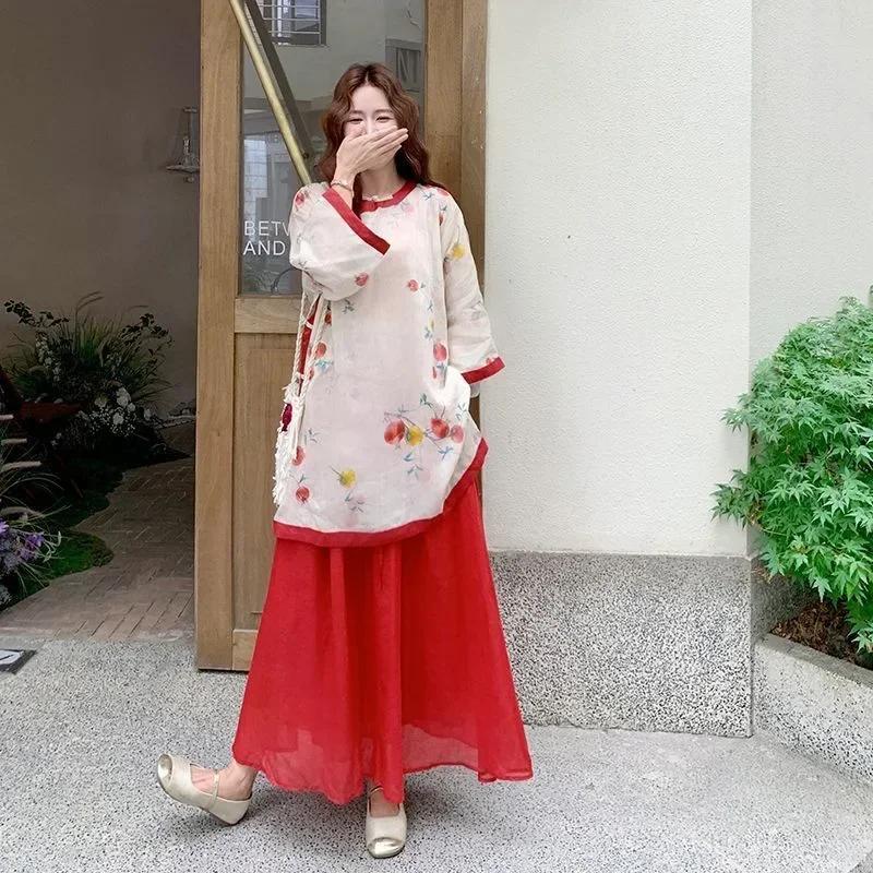 CHICMORE Setelan dua potong model longgar dengan gaya retro atasan motif bunga dan rok wanita