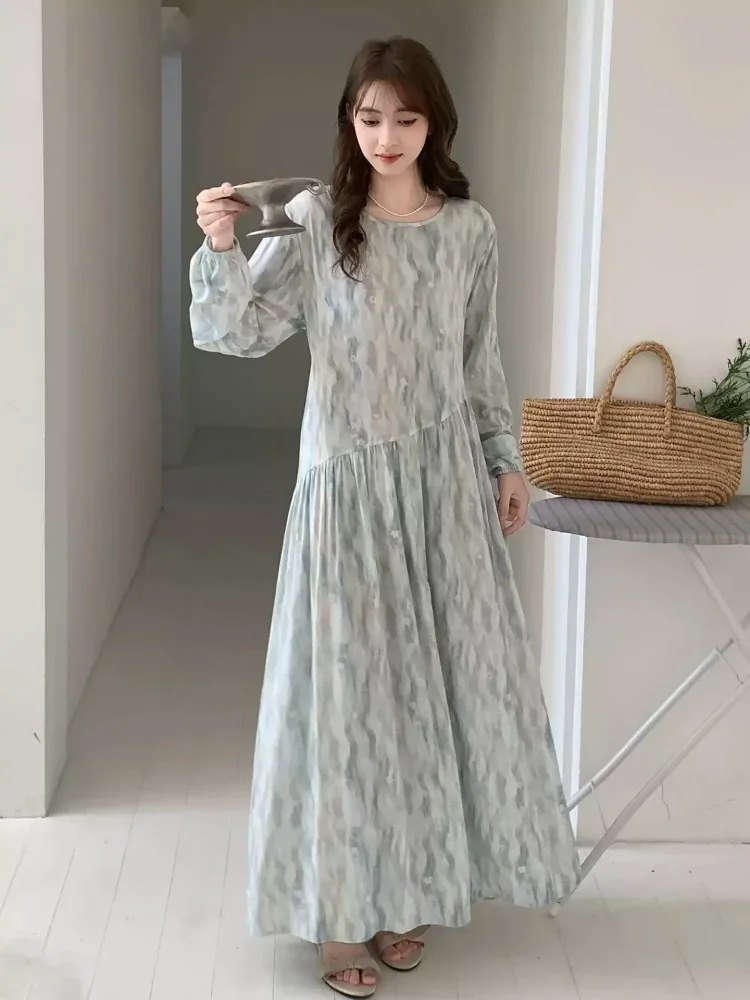 ASAYA Gaun dengan lengan panjang motif cantik gaya manis