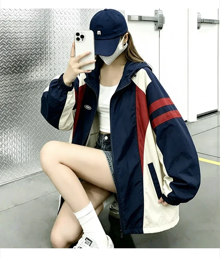 CHICMORE Jaket kasual berhoodie desain kontras warna oversized