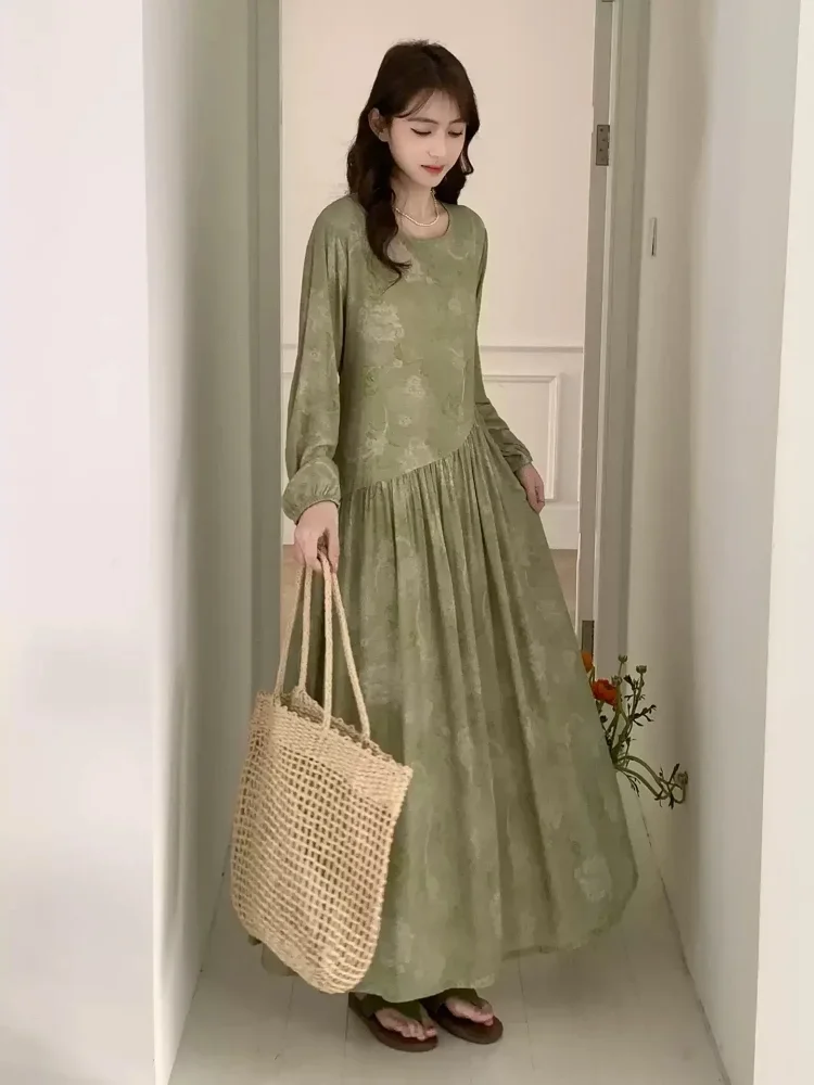 ASAYA Gaun dengan lengan panjang motif cantik gaya trendi kasual