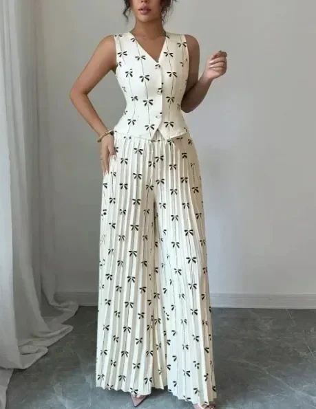 FADFAD Setelan dua potong motif pita cantik atasan tanpa lengan dan celana panjang model lipit