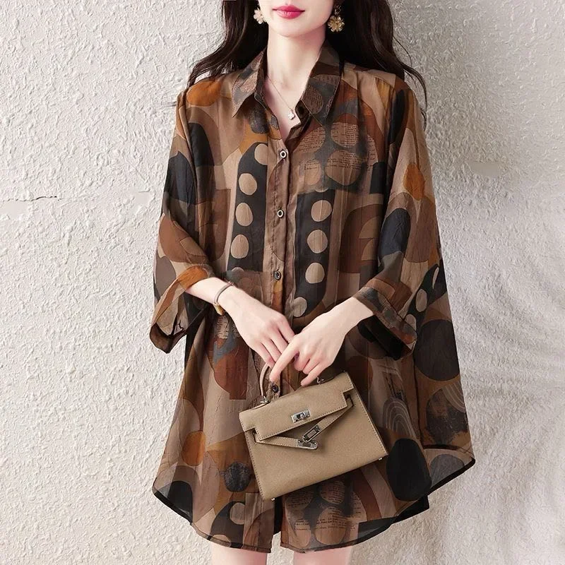 ASAYA Kemeja wanita kasual lengan tiga perempat model longgar motif cetak