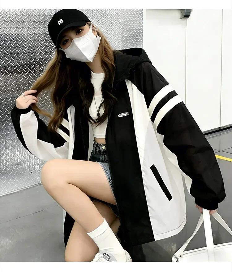 CHICMORE Jaket kasual berhoodie desain kontras warna oversized