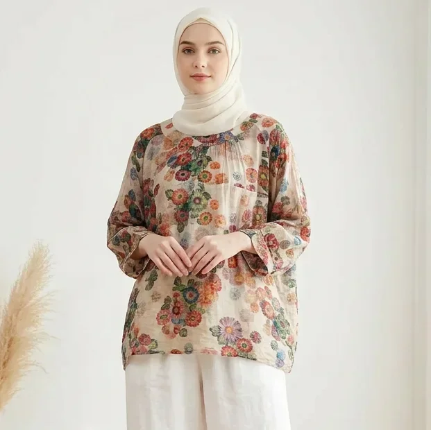 [READY STOCK]ASAYA Atasan lengan kelelawar berkerah bulat bergaya retro dengan motif bunga