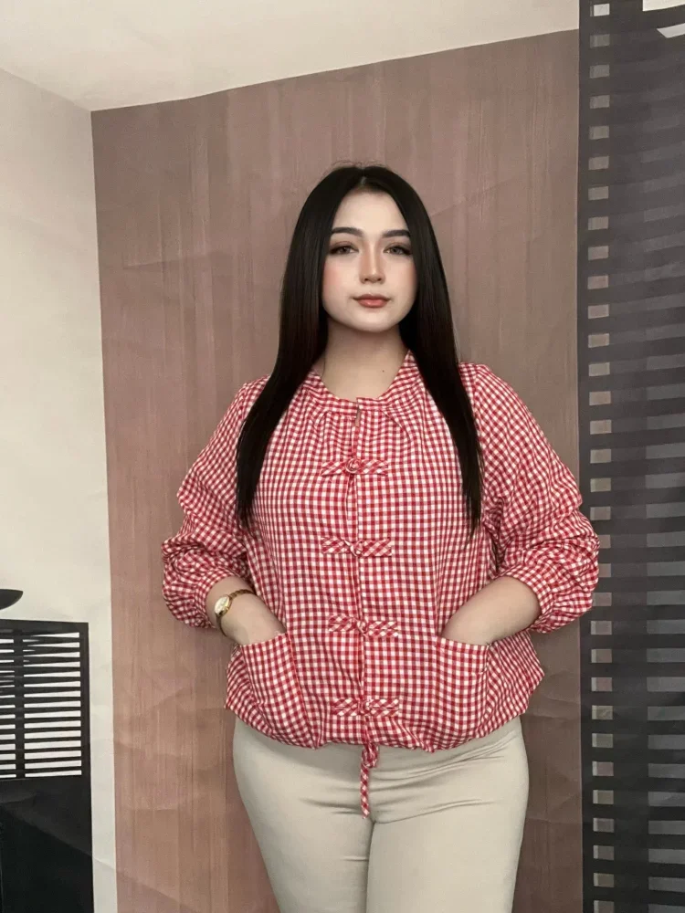 FADFAD Atasan kemeja dengan lengan panjang motif kotak kotak gaya baru