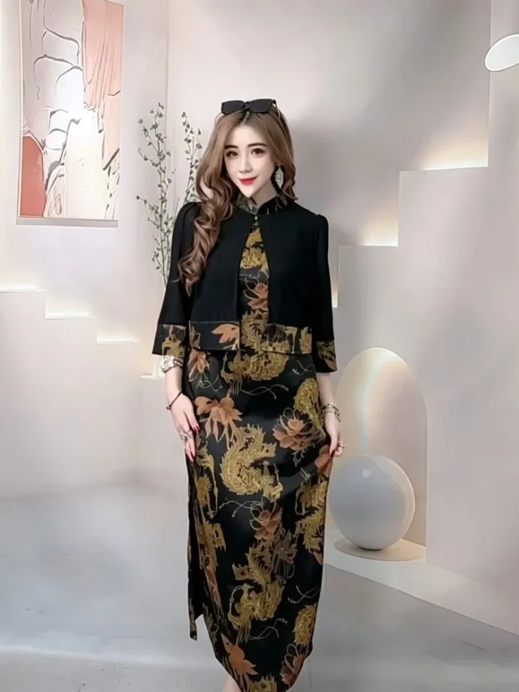 FADFAD Gaun maxi model dua potong dengan motif cetak elegant gaya retro