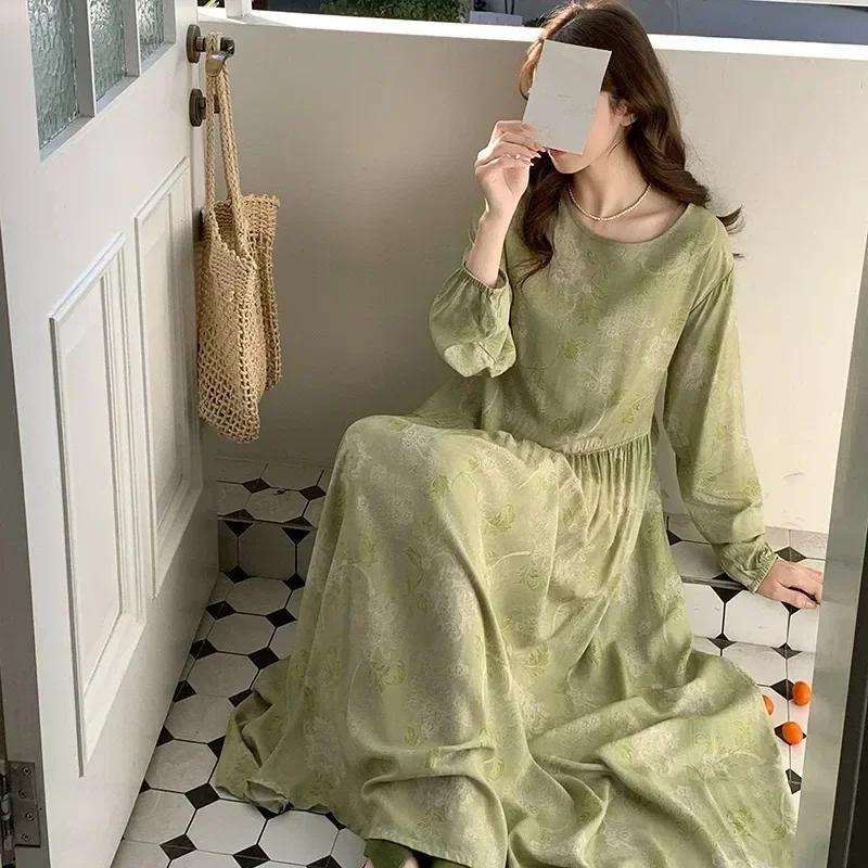 ASAYA Gaun dengan lengan panjang motif cantik gaya trendi kasual