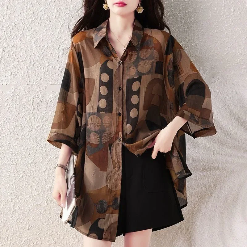 ASAYA Kemeja wanita kasual lengan tiga perempat model longgar motif cetak