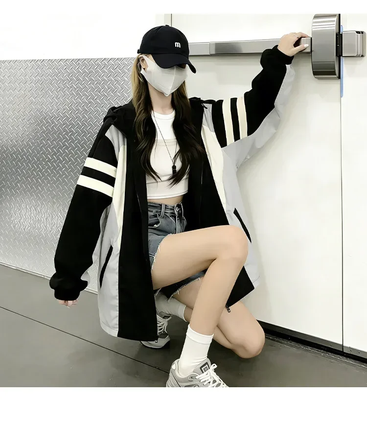 CHICMORE Jaket kasual berhoodie desain kontras warna oversized