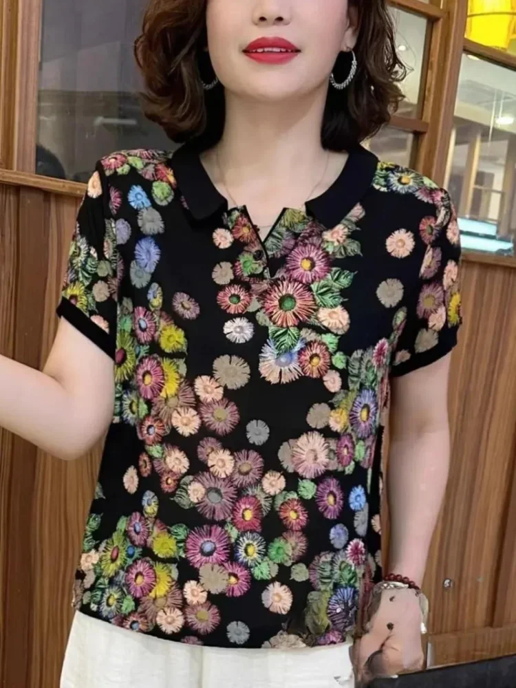 FADFAD Atasan motif cetak wanita modis lengan pendek gaya retro
