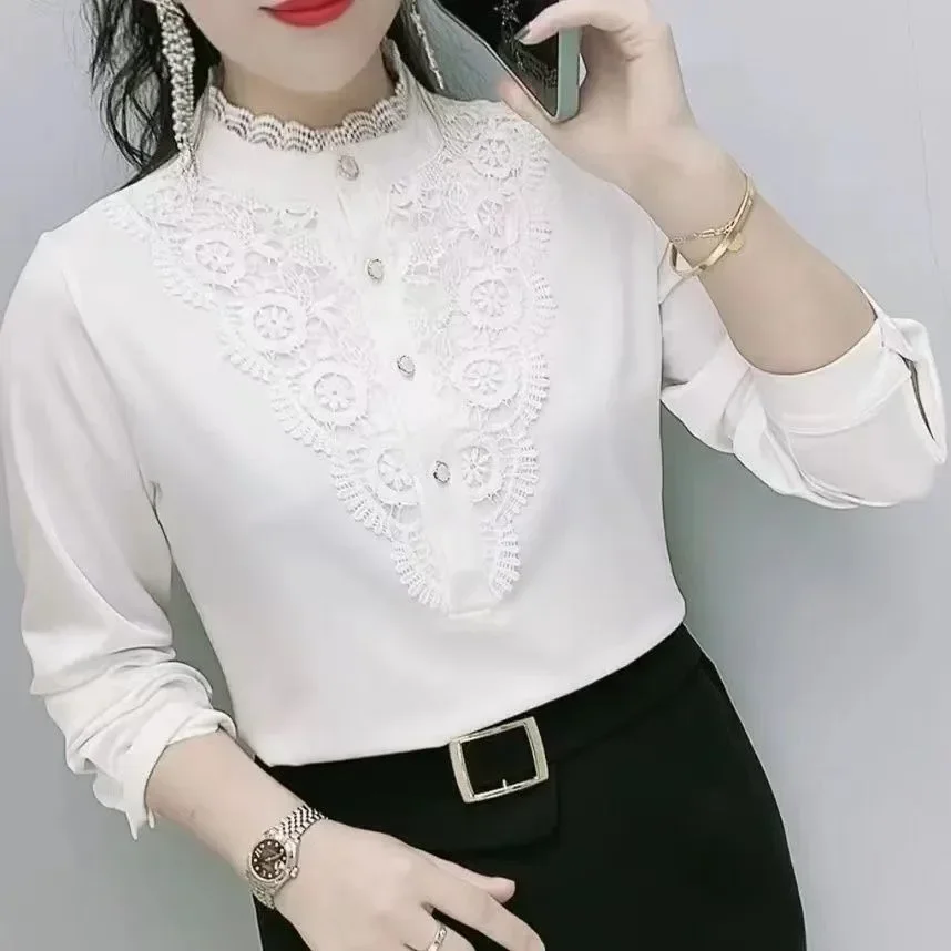 FADFAD Atasan blouse lengan panjang desain renda bergaya retro wanita