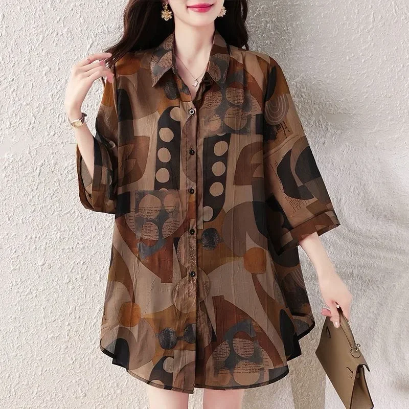ASAYA Kemeja wanita kasual lengan tiga perempat model longgar motif cetak