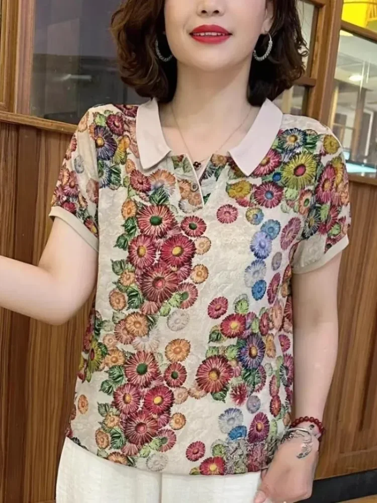 FADFAD Atasan motif cetak wanita modis lengan pendek gaya retro