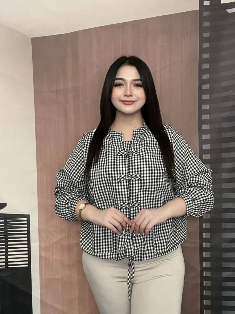 FADFAD Atasan kemeja dengan lengan panjang motif kotak kotak gaya baru