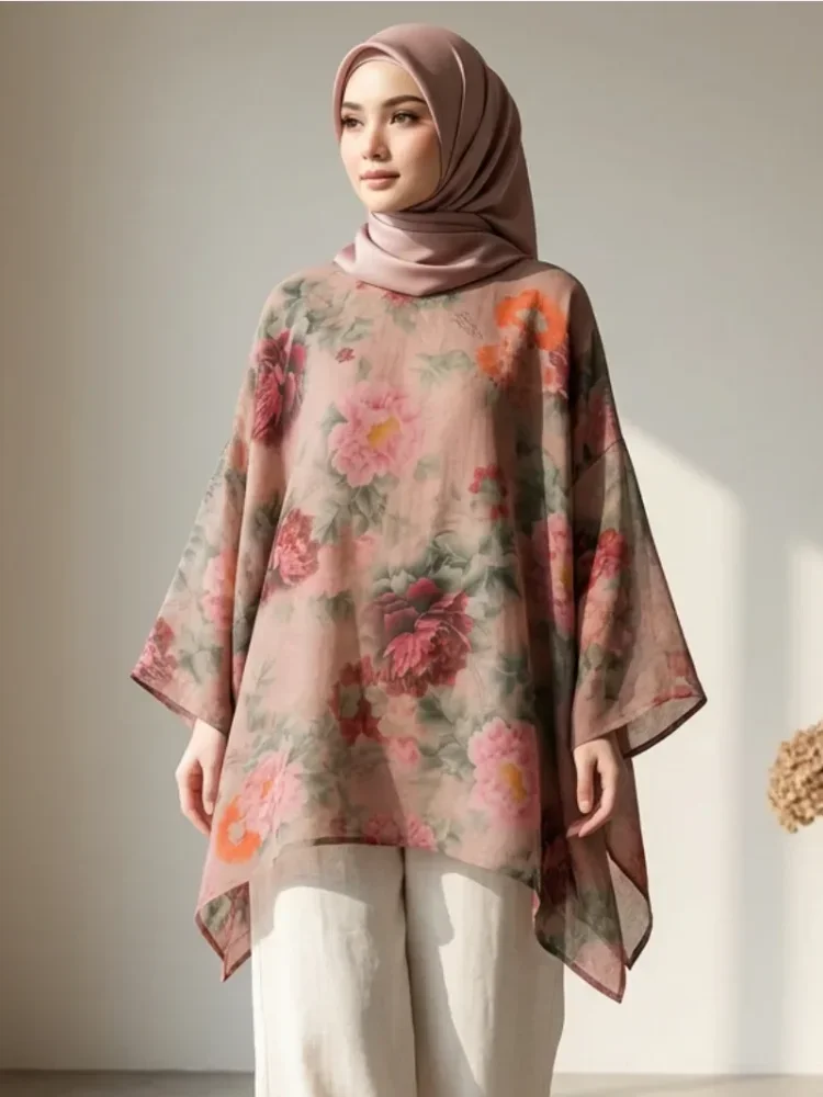 ASAYA Atasan wanita berkerah bulat lengan kelelawar motif bergaya retro untuk wanita.
