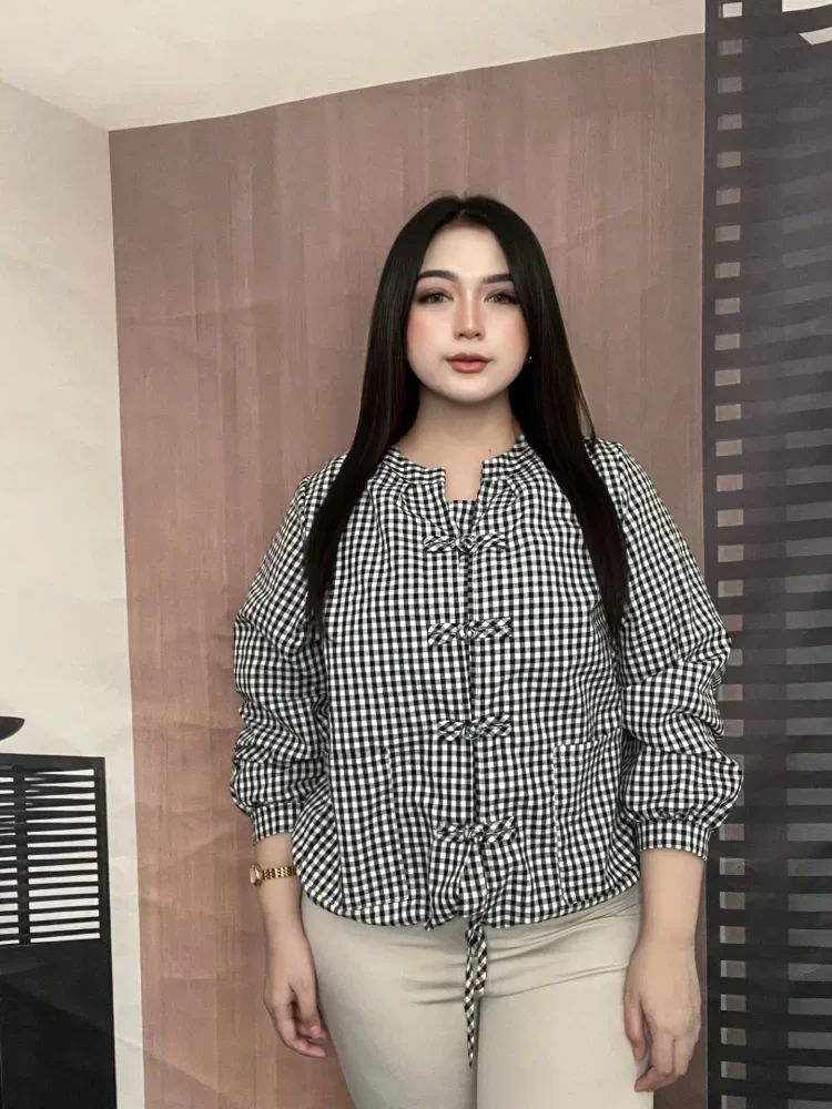 FADFAD Atasan kemeja dengan lengan panjang motif kotak kotak gaya baru