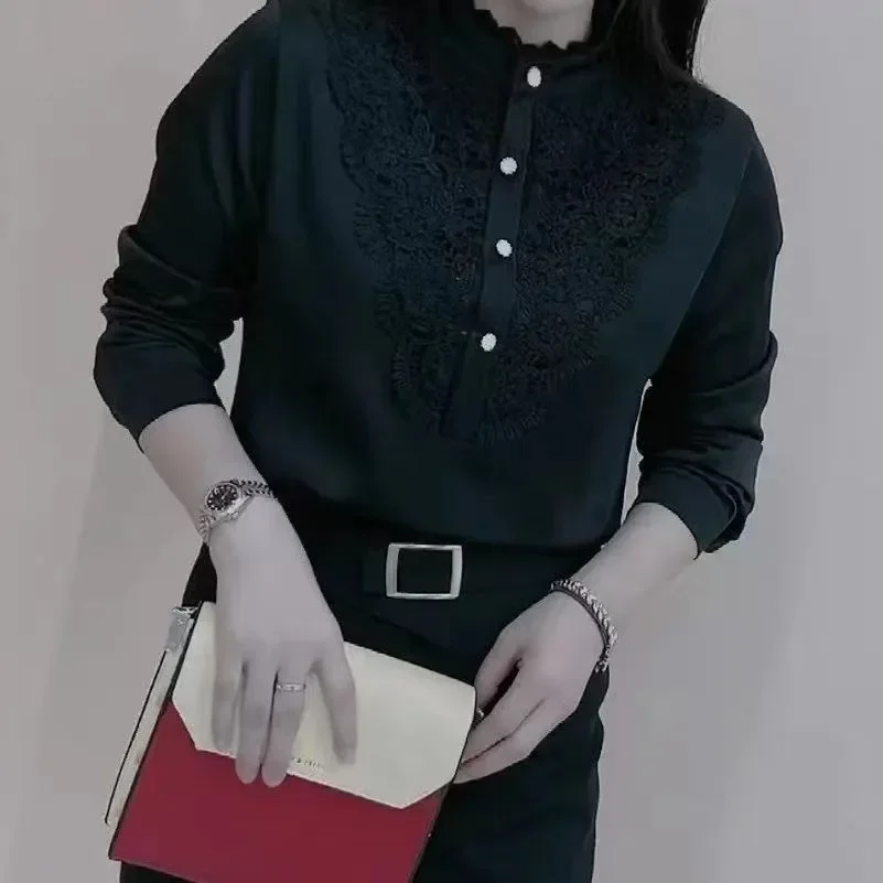 FADFAD Atasan blouse lengan panjang desain renda bergaya retro wanita
