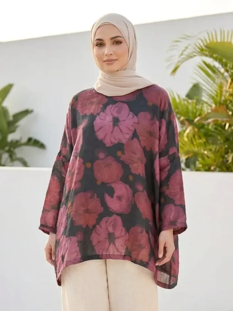 ASAYA Atasan wanita berkerah bulat lengan kelelawar motif bergaya retro untuk wanita.