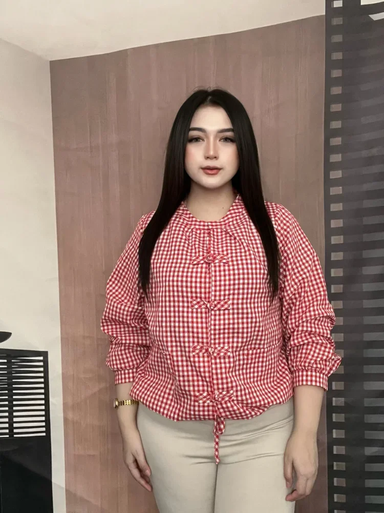 FADFAD Atasan kemeja dengan lengan panjang motif kotak kotak gaya baru