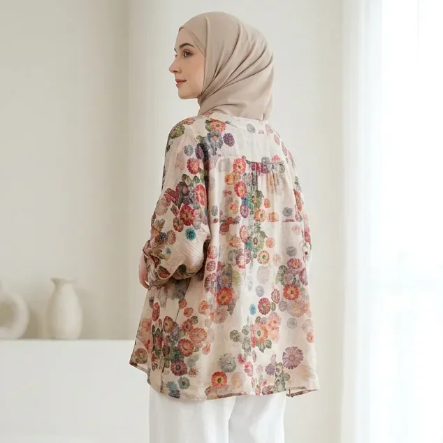 [READY STOCK]ASAYA Atasan lengan kelelawar berkerah bulat bergaya retro dengan motif bunga