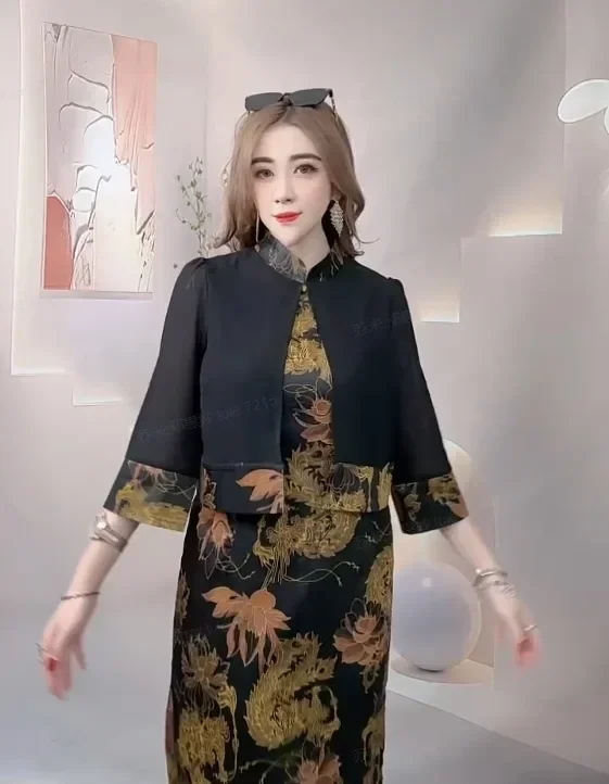 FADFAD Gaun maxi model dua potong dengan motif cetak elegant gaya retro