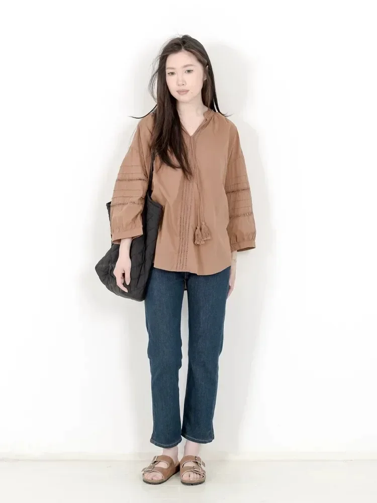 CHICMORE Atasan blus warna kontras lengan panjang leher bulat modis