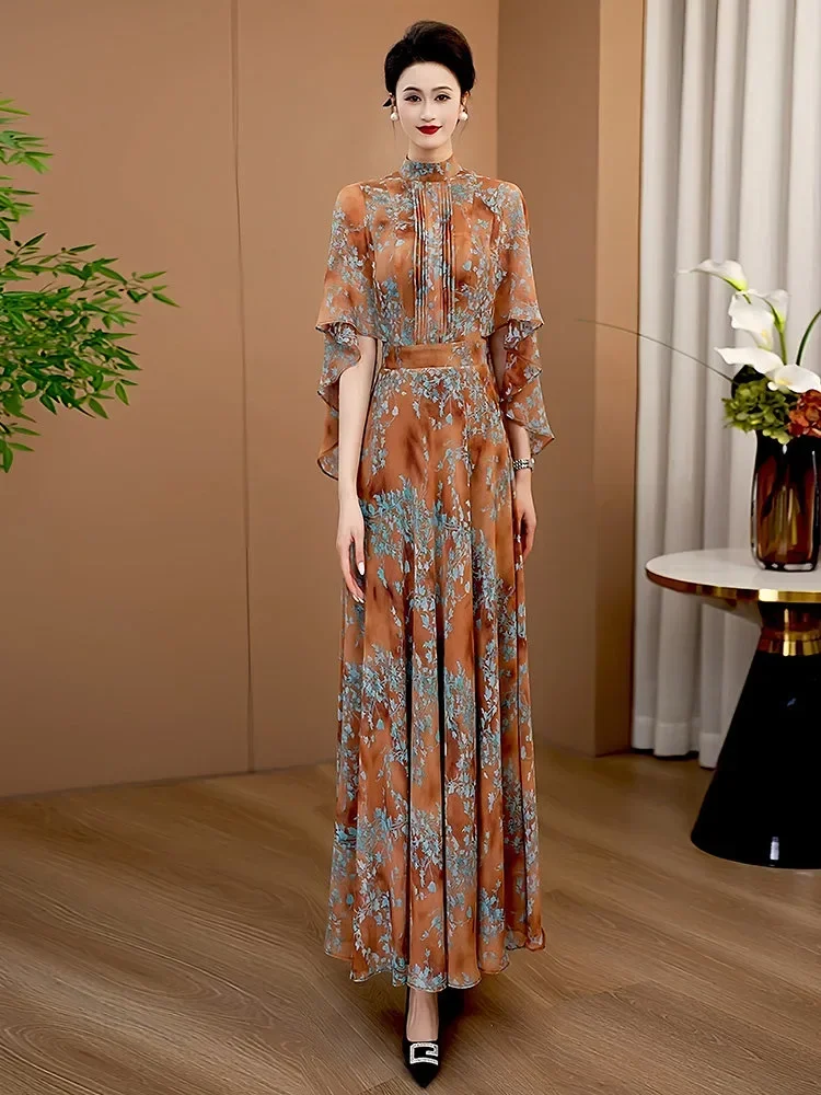 FADFAD Gaun wanita panjang gaya retro lengan pendek gaya elegan terbaru