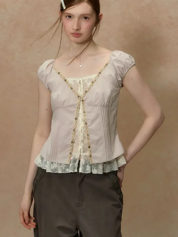 CHICMORE Atasan wanita lengan pendek dengan kerah v neck variasi elegant