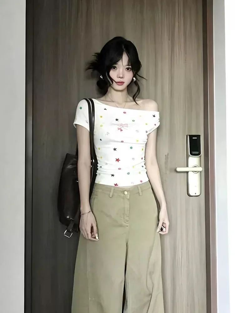 ASAYA Atasan fitted motif cetak kekinian kerah one shoulder korea style