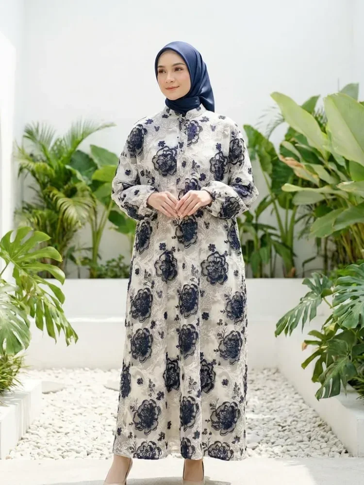 ASAYA Gaun panjang longgar kasual tipis bermotif dengan desain mode elegan