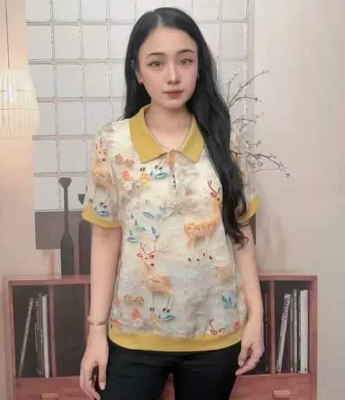FADFAD Atasan blouse motif cetak kerah leher v-neck