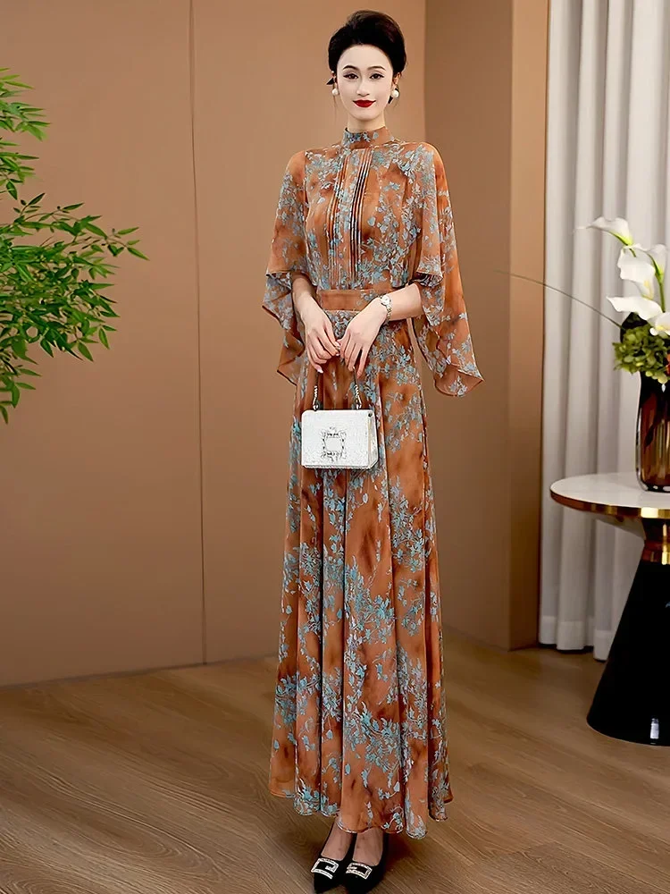 FADFAD Gaun wanita panjang gaya retro lengan pendek gaya elegan terbaru