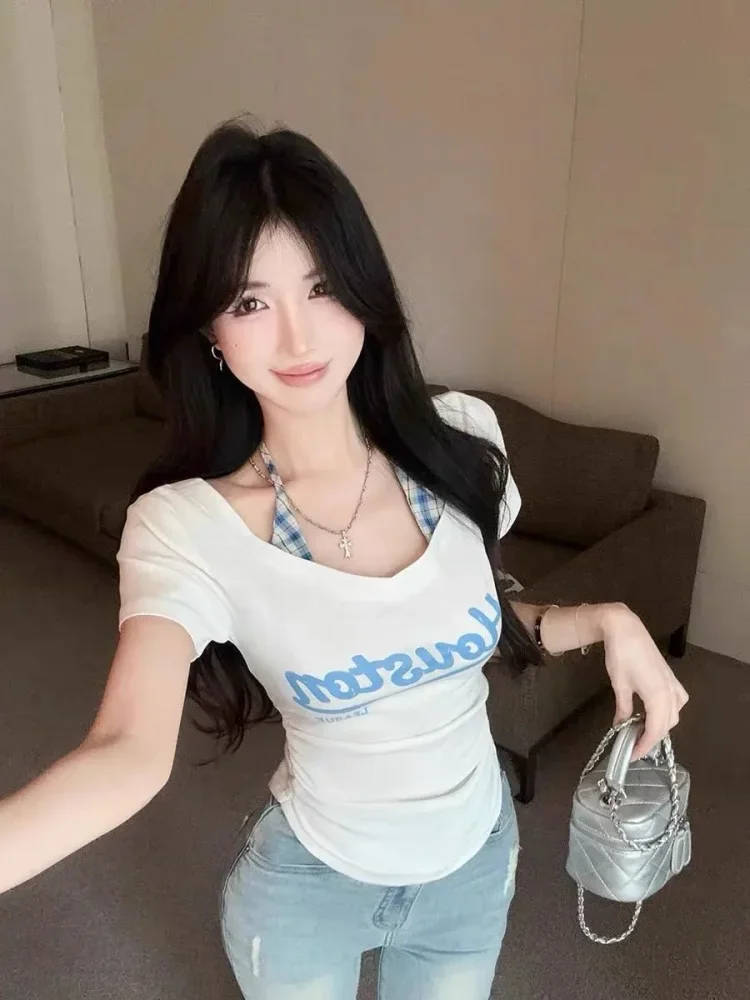 ASAYA Aatasan kerah v neck lengan pendek mode fitted bergaya kekinian korea baru