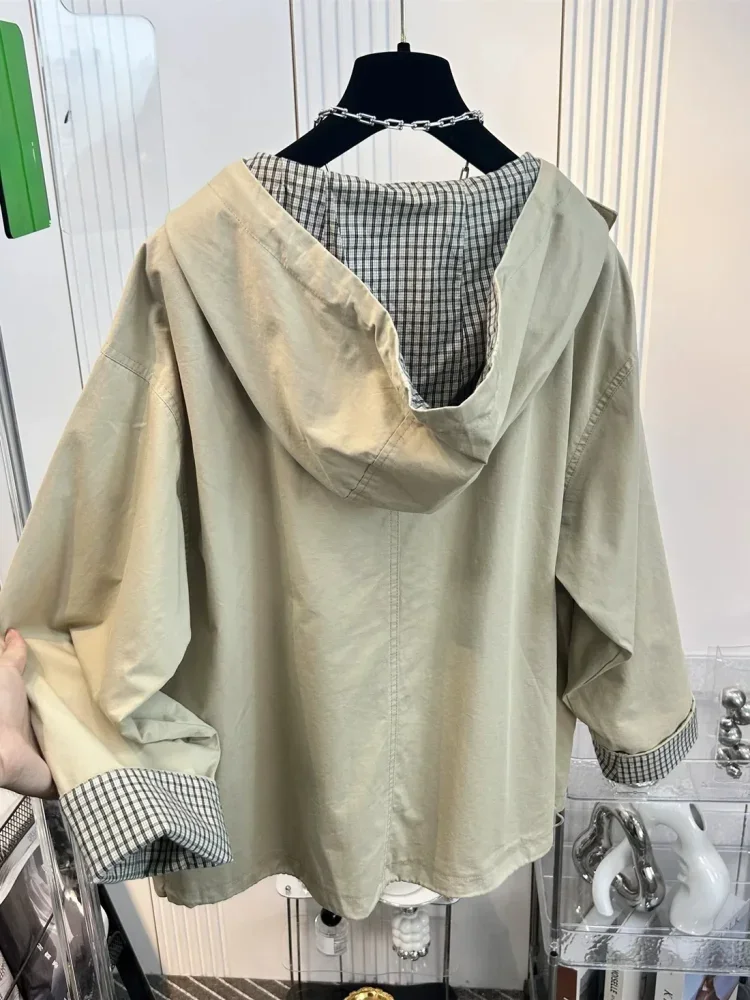 CHICMORE Jaket kasual patchwork kotak-kotak dengan kombinasi  gaya baru untuk wanita