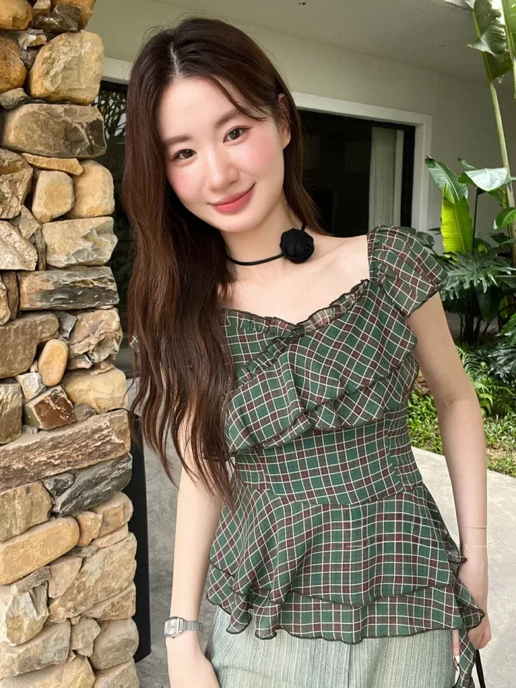 [DISKON KILAT]CHICMORE Kemeja kotak-kotak gaya korea terbaru dengan pita