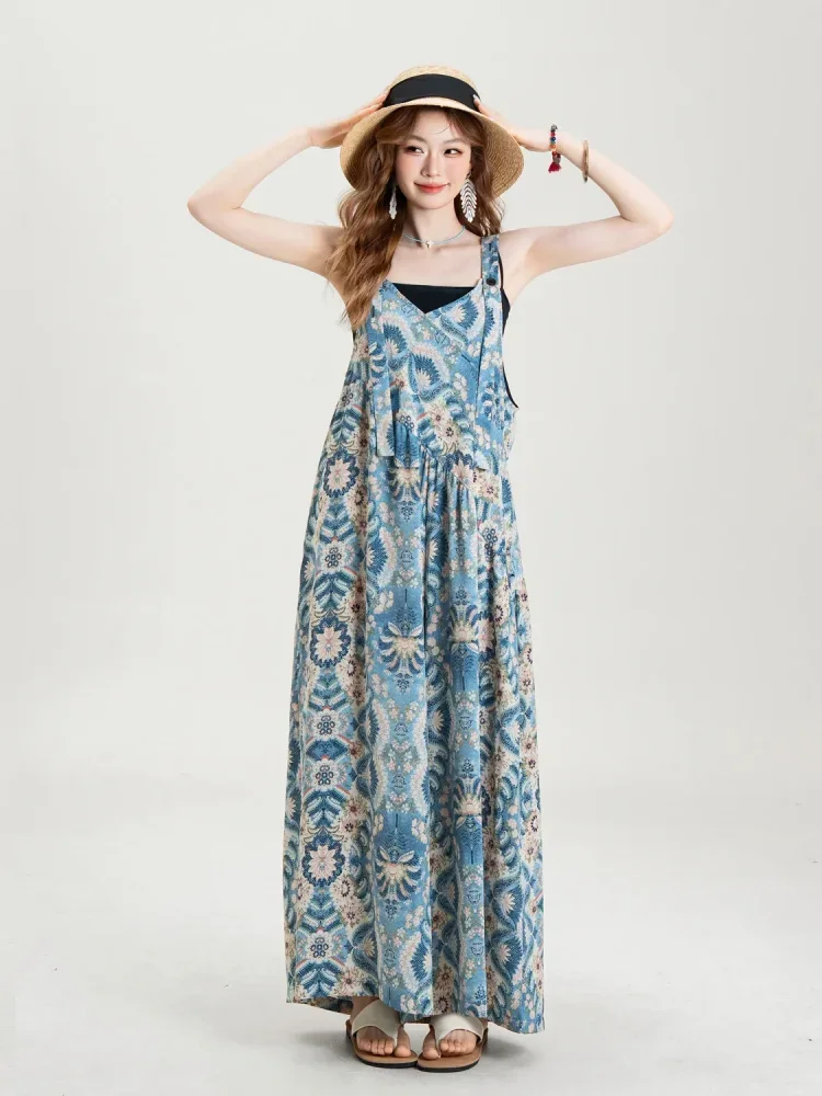 ASAYA Jumpsuit berwarna biru celana wide leg kasual