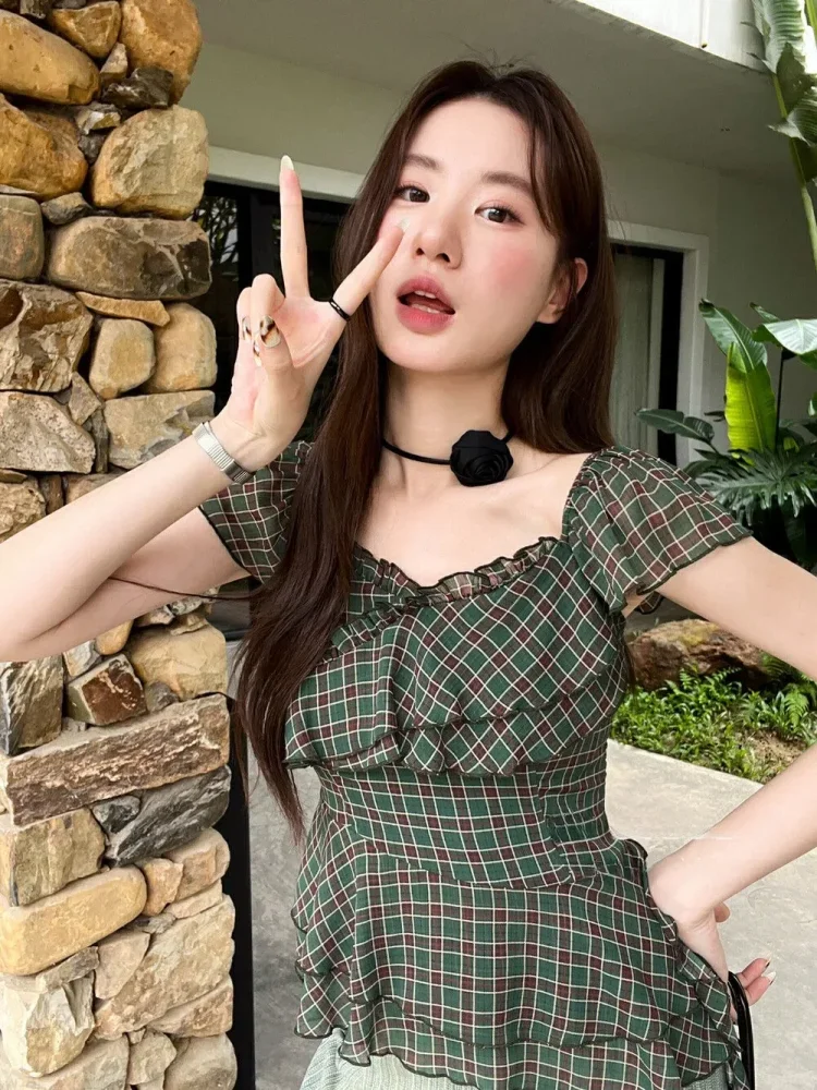 [DISKON KILAT]CHICMORE Kemeja kotak-kotak gaya korea terbaru dengan pita