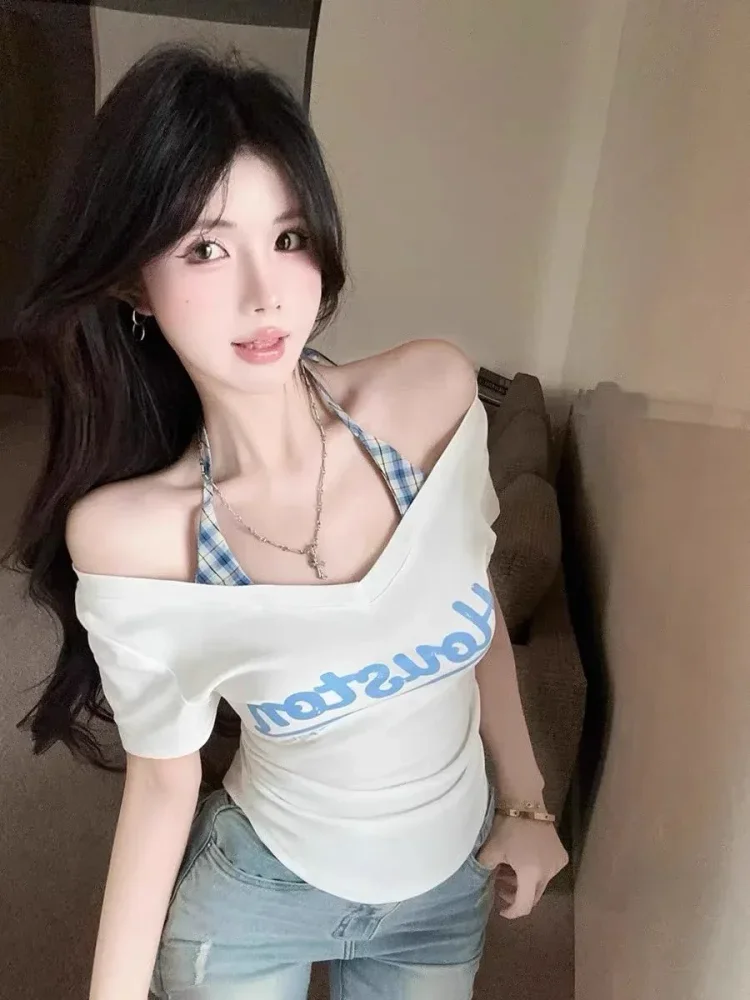 ASAYA Aatasan kerah v neck lengan pendek mode fitted bergaya kekinian korea baru