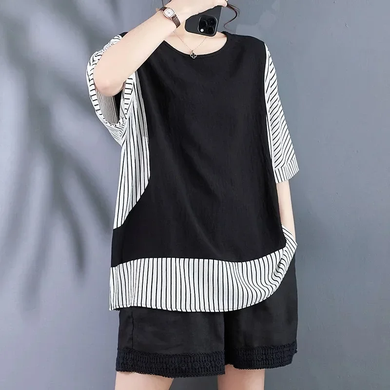 ASAYA Atasan kaos kerah bulat wanita model dua potong palsu lengan pendek