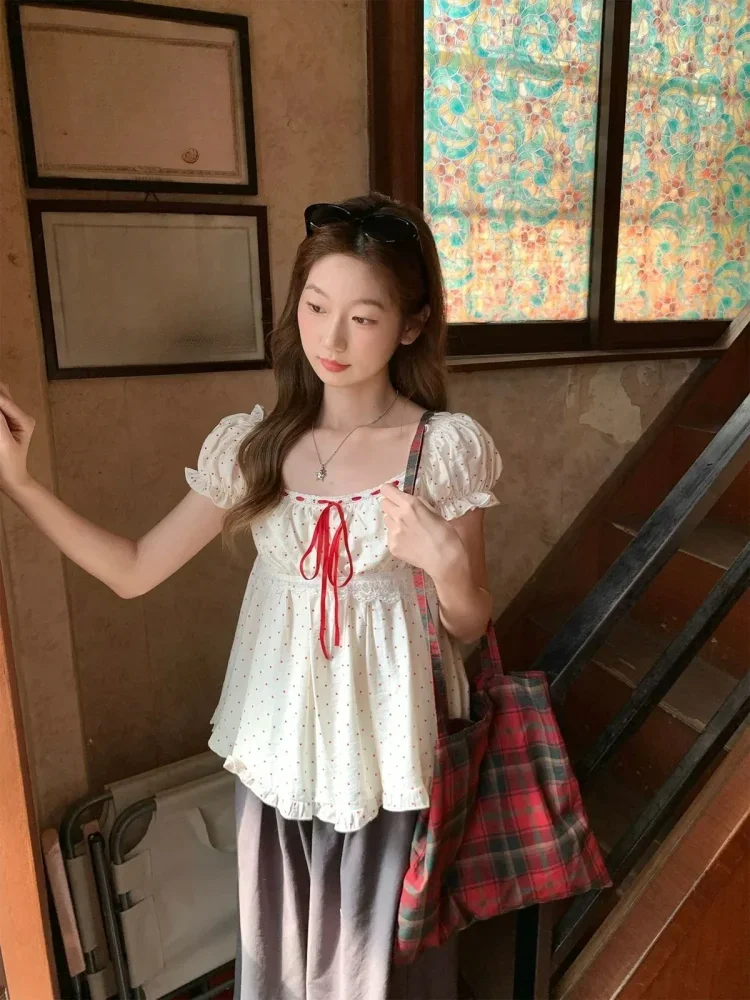 CHICMORE Atasan kemeja lengan pendek motif polkadot dan korean style
