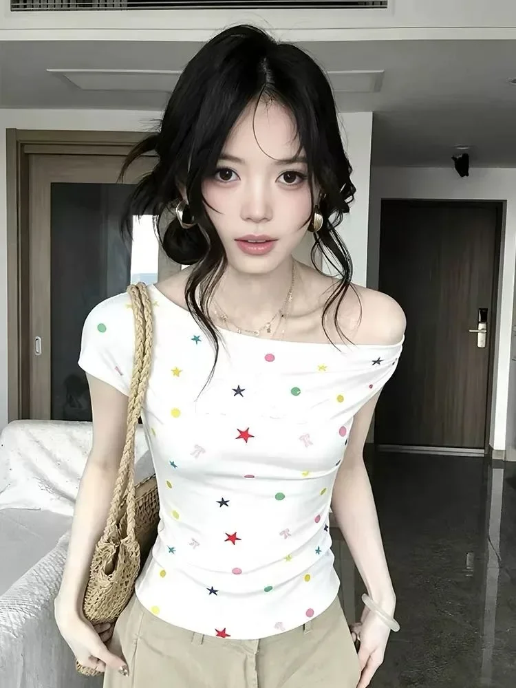 ASAYA Atasan fitted motif cetak kekinian kerah one shoulder korea style