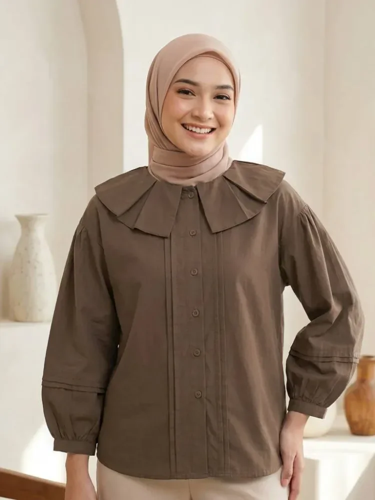 [DISKON KILAT]ASAYA Atasan kemeja kerah boneka mode lipit gaya korea