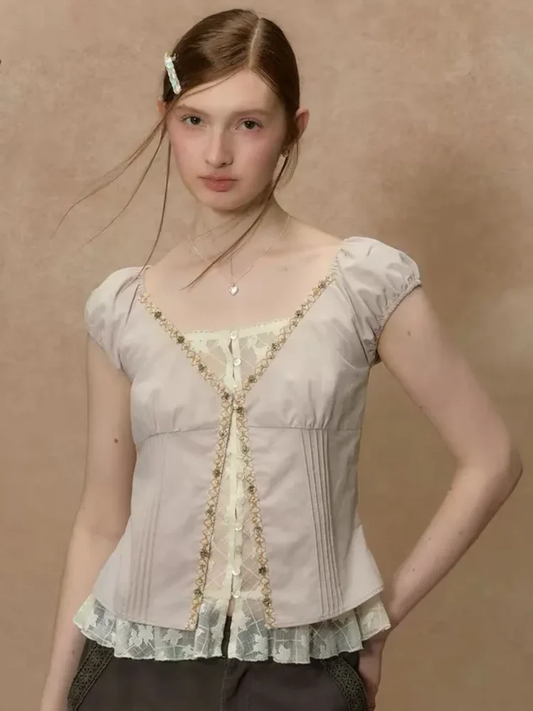 CHICMORE Atasan wanita lengan pendek dengan kerah v neck variasi elegant