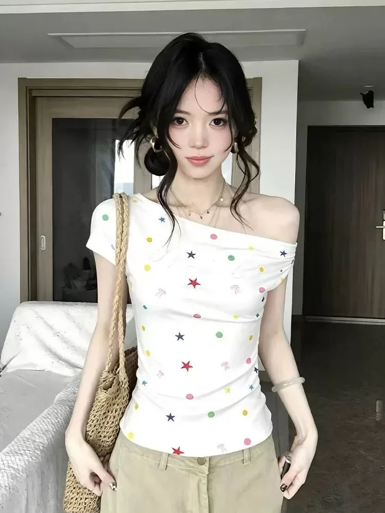 ASAYA Atasan fitted motif cetak kekinian kerah one shoulder korea style