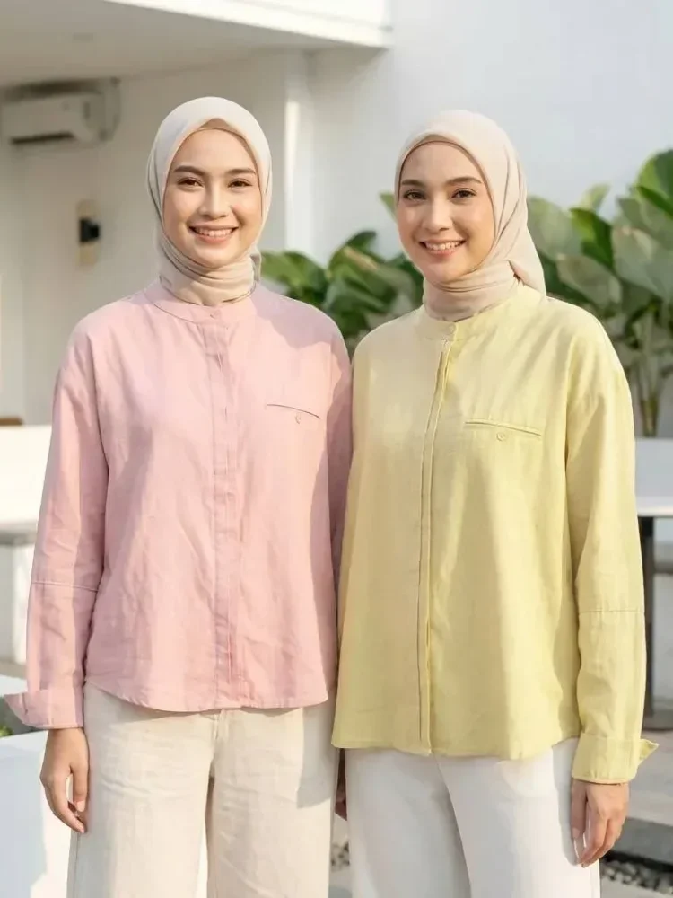 ASAYA Atasan kemeja longgar lengan panjang modis untuk wanita