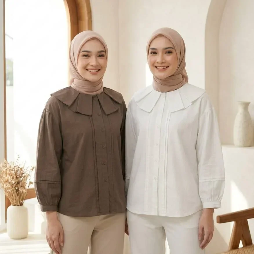 [DISKON KILAT]ASAYA Atasan kemeja kerah boneka mode lipit gaya korea