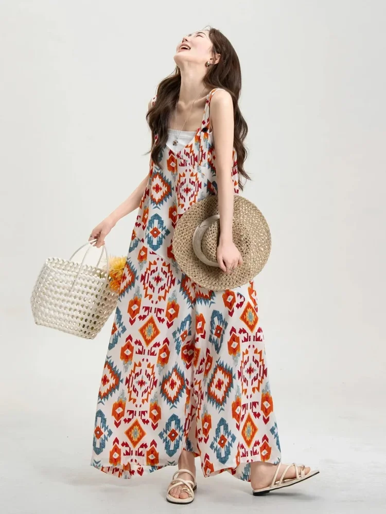 ASAYA Jumpsuit dengan celana kaki lebar bermotif cetak gaya modis untuk wanita