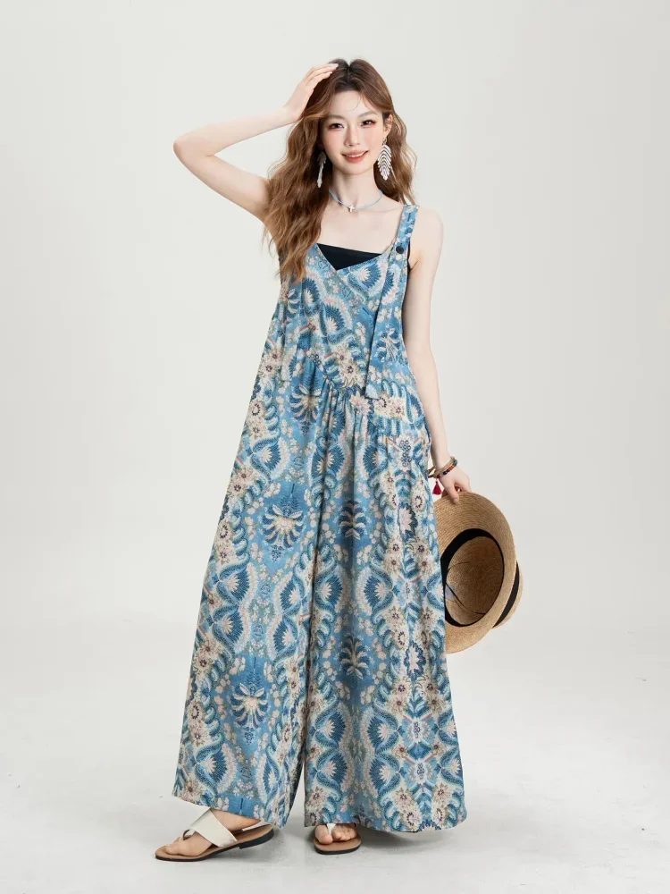 ASAYA Jumpsuit berwarna biru celana wide leg kasual