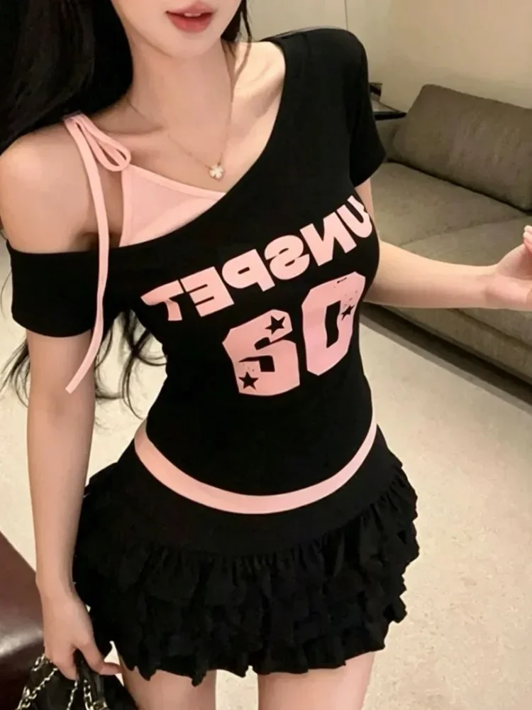 ASAYA Atasan pakaian wanita kerah one shoulder lengan pendek motif cetak gaya baru