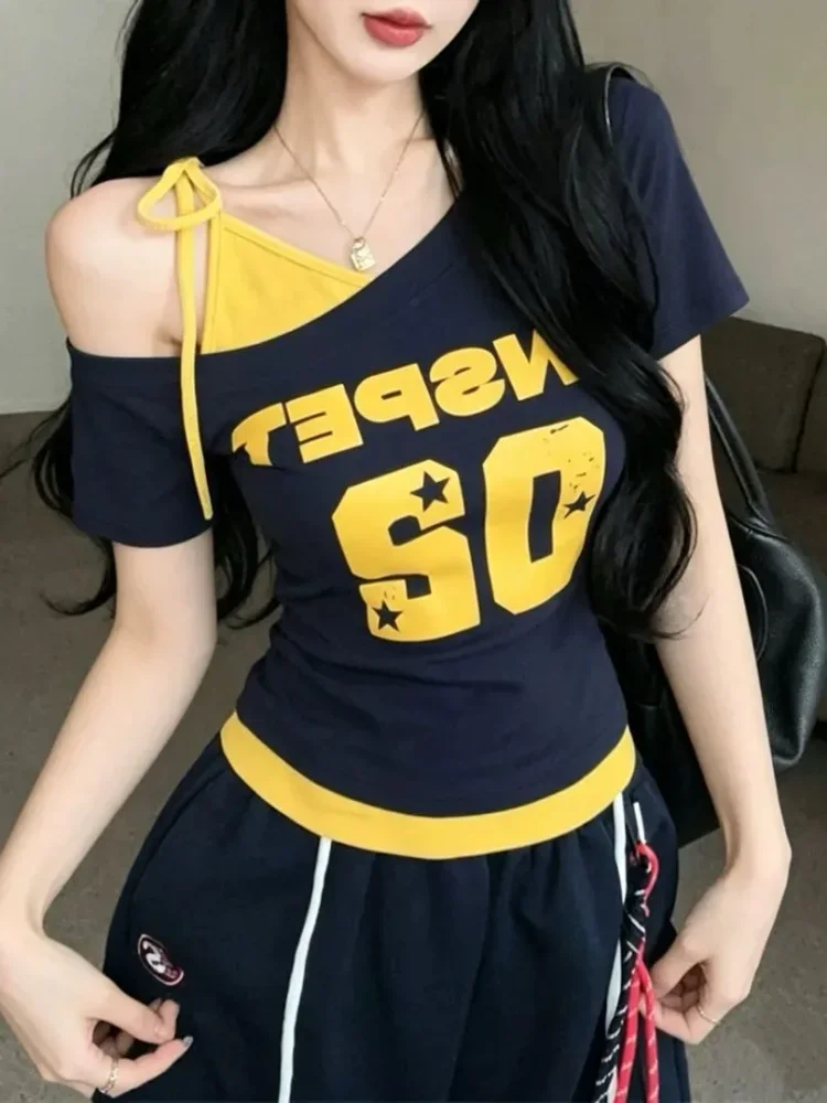ASAYA Atasan pakaian wanita kerah one shoulder lengan pendek motif cetak gaya baru